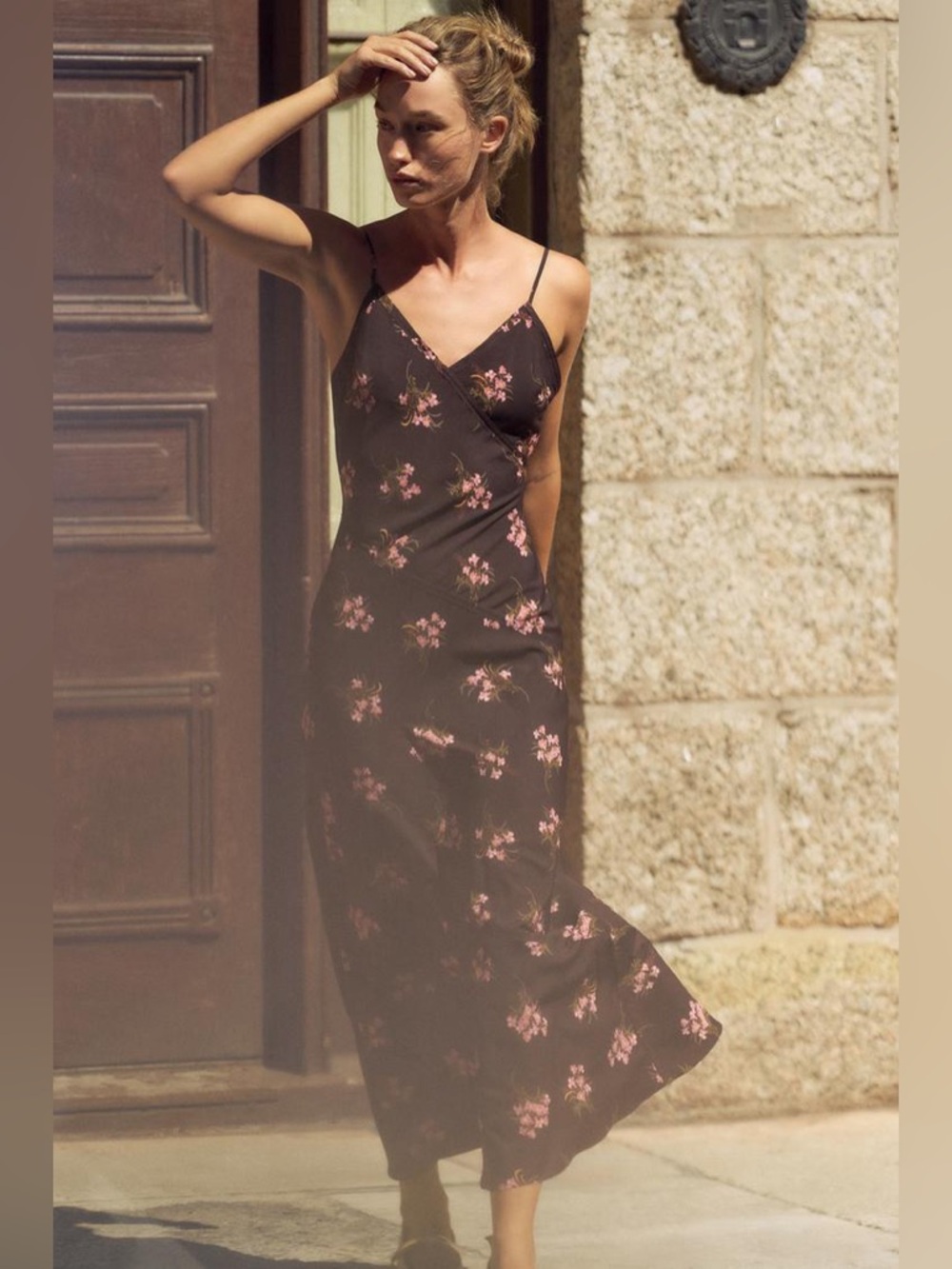 Zara Brown Burgundy Maxi Slip Dress with Pink Floral Print NWT